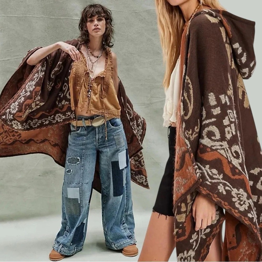 Free People Hooded Poncho Shawl Boho Southwestern Festival Wrap OS NWT